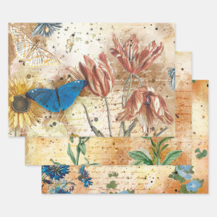 Vintages Blumenschmetterlingsdekouver Geschenkpapier Set