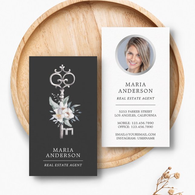 Vintages Blumensilber-Key Real Anwesen Agent Foto Visitenkarte (Von Creator hochgeladen)