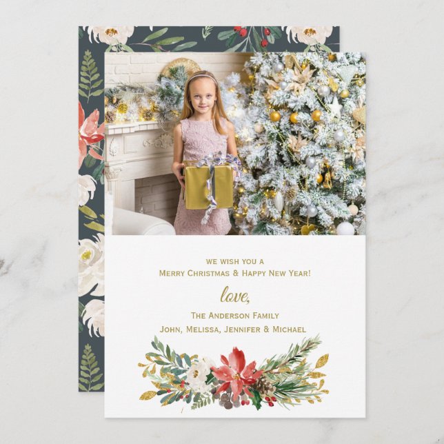 Vintages Blumenurlaub Weihnachten Foto Gold Blätte Einladung (Vorne/Hinten)