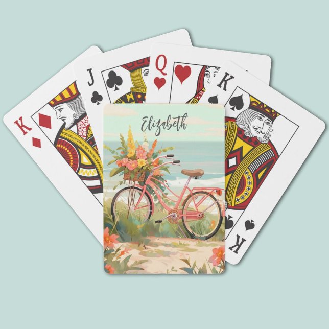 Vintages Blumenwasser Tropisches Strandbike Spielkarten (A charming illustration of a bicycle at the beach decorates these playing cards)