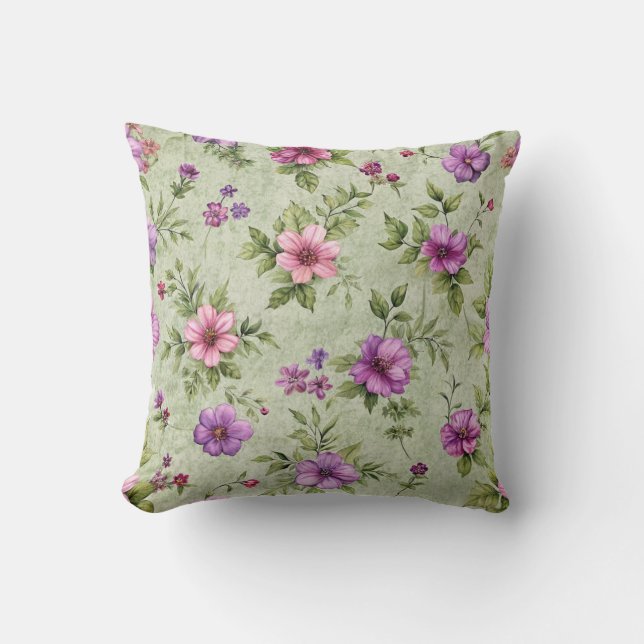 "Vintages Blumenwirbelkissen auf Grün" Kissen (Vorderseite)