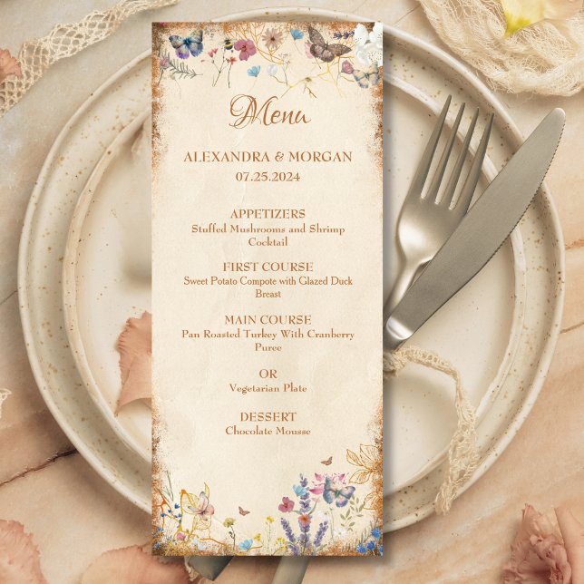 Vintages Boho Butterfly Garden Wedding Menu Menükarte (Von Creator hochgeladen)