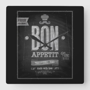 Vintages Bon Appetit Plakat - Tafel Quadratische Wanduhr