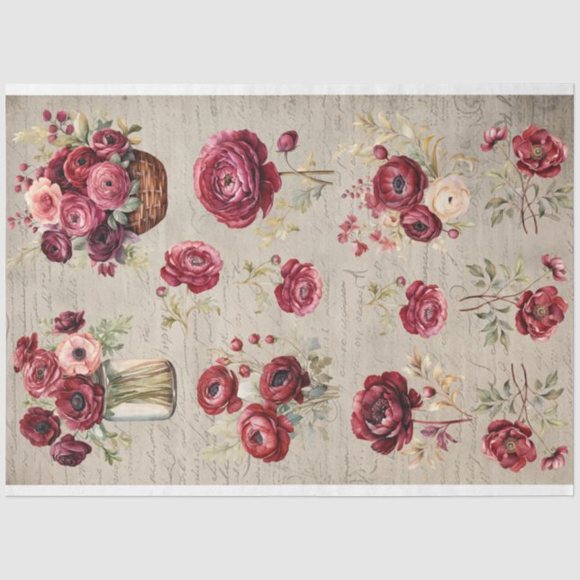Vintages Bordeaux Ranunculus Blume altes Papier (Vorderseite)