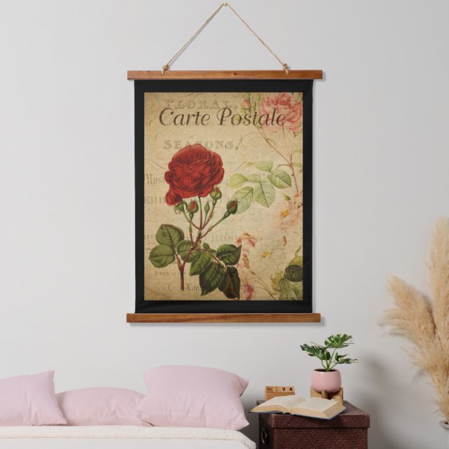 Vintages botanisches Band - Schwarzer Hintergrund  Wandteppich Mit Holzrahmen (Schlafzimmer)