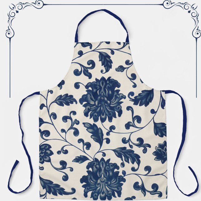 Vintages botanisches Blau + weißes Blumenmuster Schürze (This beautiful blue + creamy white vintage floral pattern apron makes a great gift!)