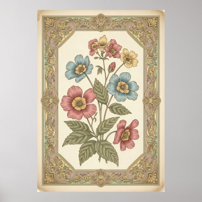 Vintages botanisches Blumenposter in Retro Pastell Poster (Vorne)