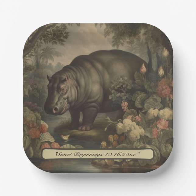 Vintages botanisches Hippo, anpassbar Pappteller (Vorderseite)