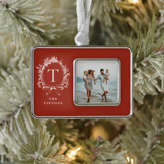 Vintages Botanisches Monogramm Rot Rahmen-Ornament Silber (Baum)