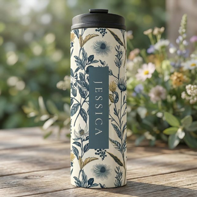Vintages botanisches Muster aus Gold und Navy Thermosbecher (Embrace the serene beauty of nature with our seamless botanical  pattern.)