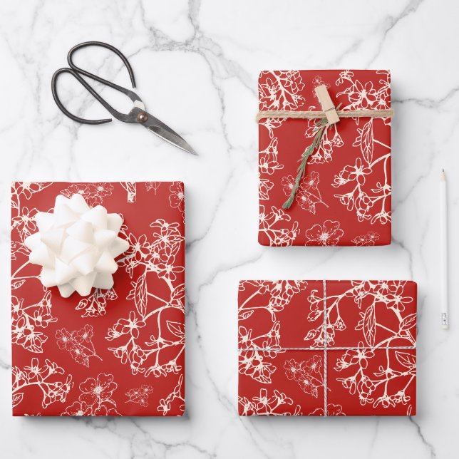 Vintages botanisches Muster Rot Geschenkpapier Set (Vorderseite)