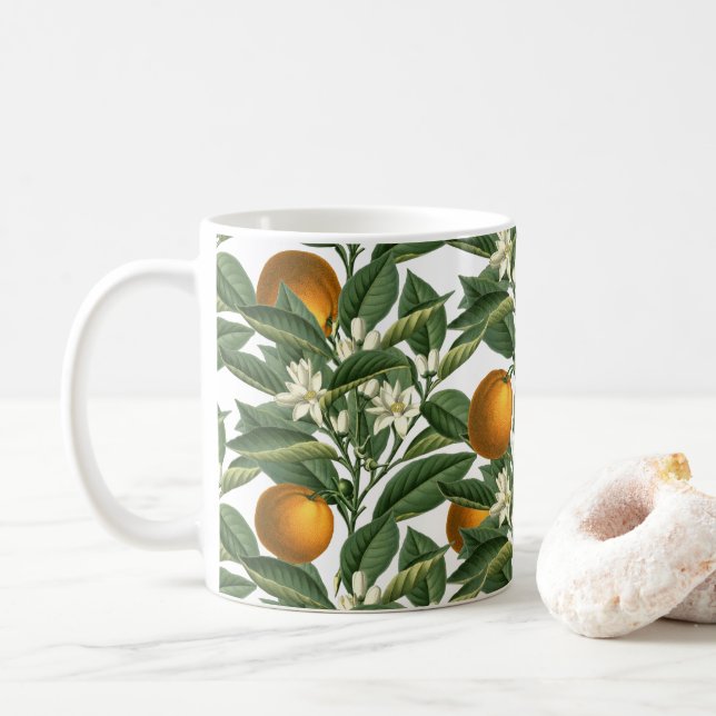 Vintages botanisches Orange Fruchtblossom Muster Kaffeetasse (Mit Donut)