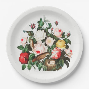 VINTAGES BOTANISCHES PAPIERPLATZ MIT VÖGELN NEST PAPPTELLER