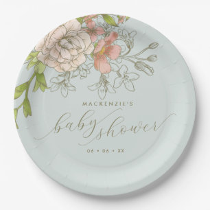 Vintages botanisches Pfirsich & Blue Floral Baby D Pappteller
