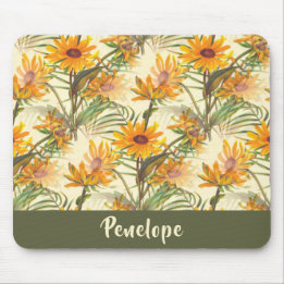 Vintages botanisches Sonnenblumenmuster mit Namen Mousepad