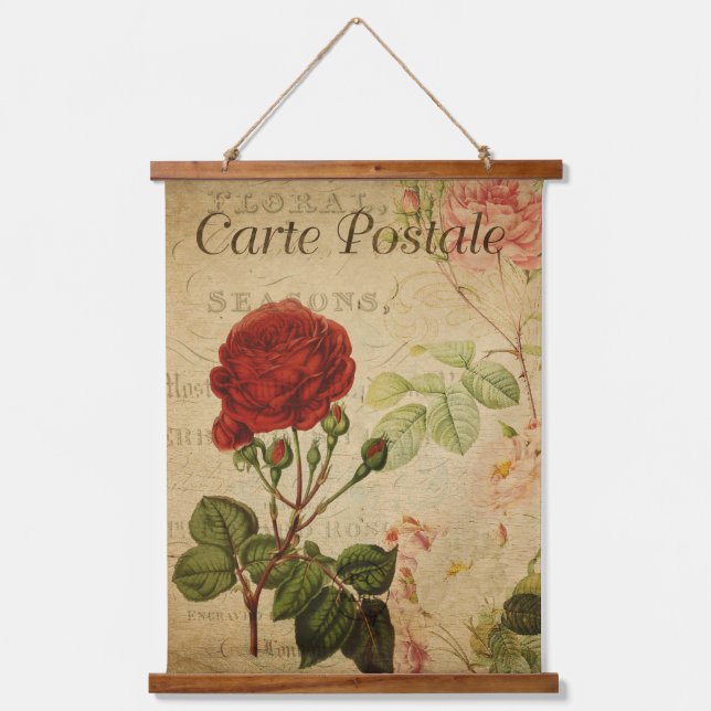 Vintages botanisches Tapestry - Französische Rote  Wandteppich Mit Holzrahmen (Vorderseite)