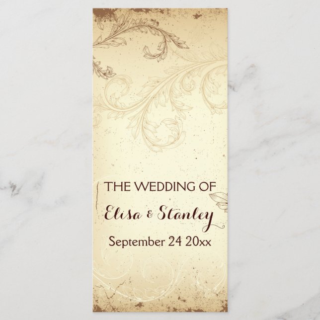 Vintages Braun-, Beige-Scrollblatt-Hochzeitsprogra Programm (Vorderseite)