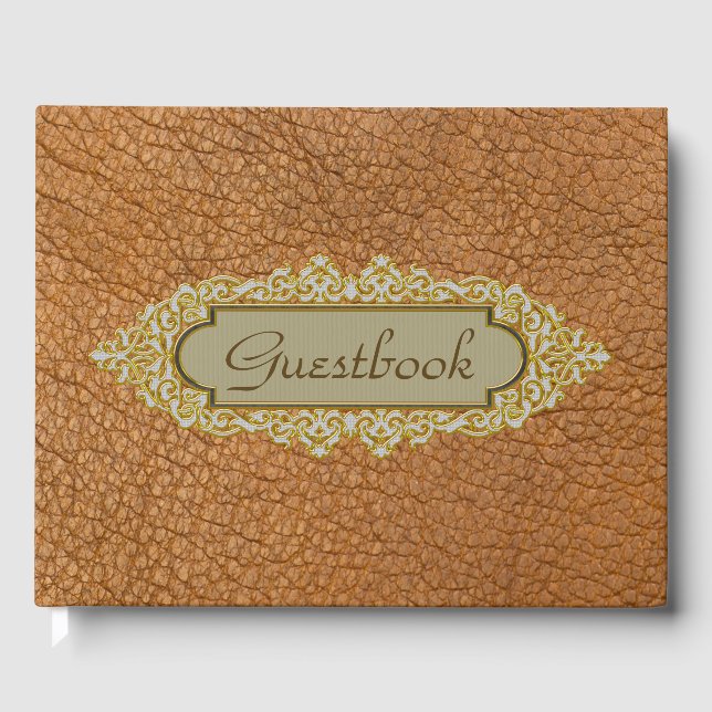 Vintages braunes Imitat Leder mit goldenem Individ Gästebuch (Vorderseite)
