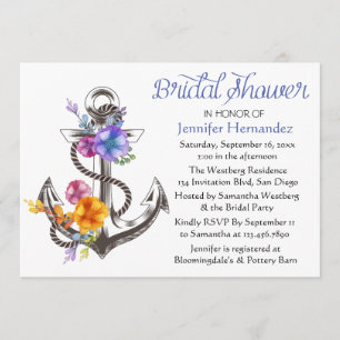 Vintages Brautparty Floral Ship Anker Blau Einladung