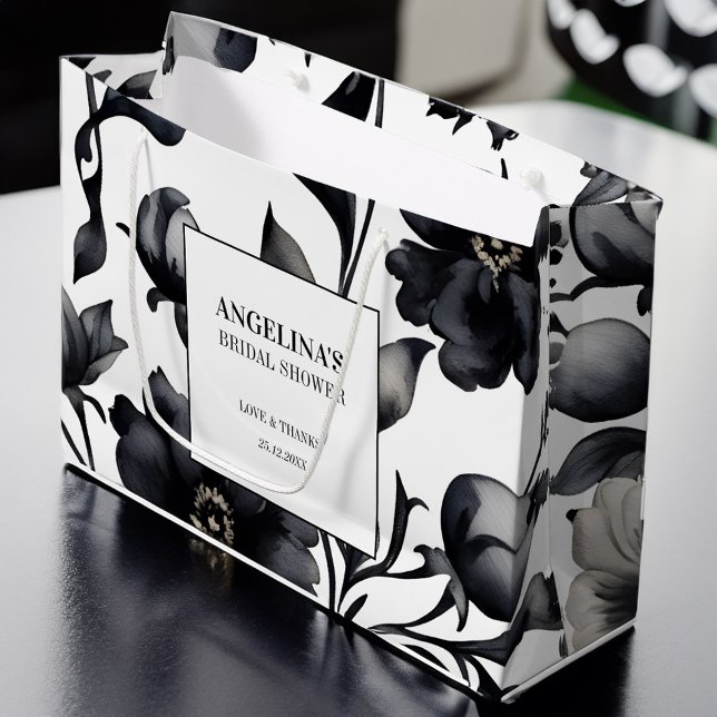 Vintages Brautparty in Schwarzweiß Große Geschenktüte (Black and white vintage flowers elegant bridal shower favor large gift bag )