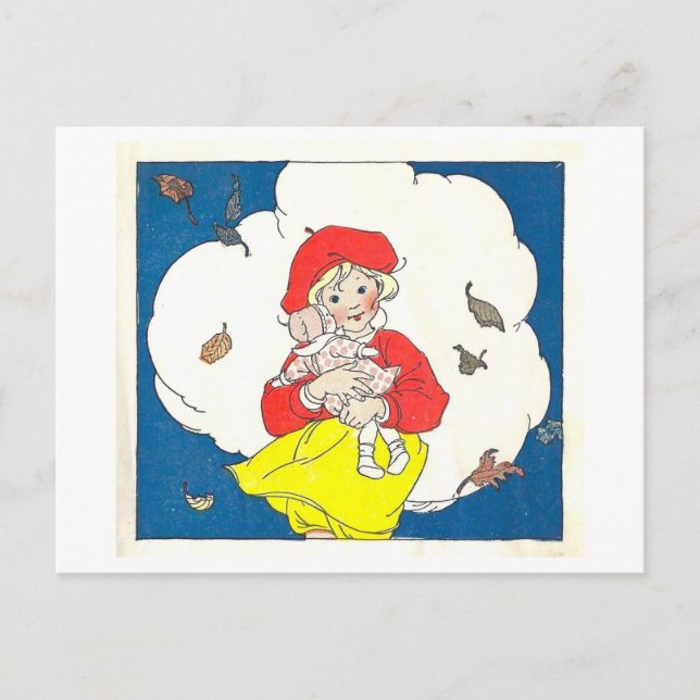 Vintages Buch Illustration Girl mit Puppe Postkarte (Vorderseite)