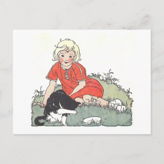 Vintages Buch Illustration Girl with Cat Postkarte (Vorderseite)