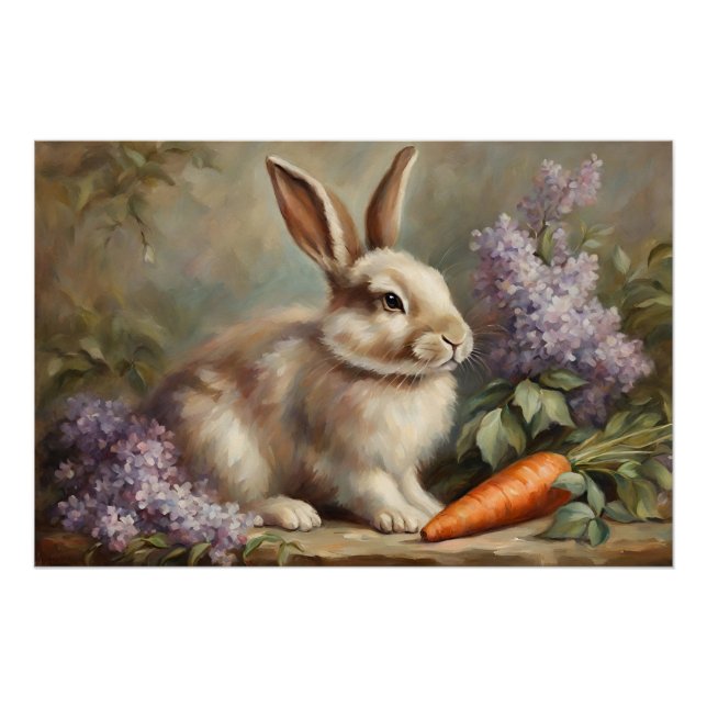 Vintages Bunny mit Lilac Blume und Carrot Poster (Vorderseite)