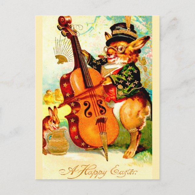 Vintages Bunny Playing mit Violin Ostergruß Postkarte (Vorderseite)