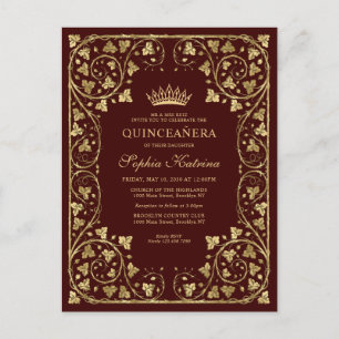 Vintages Burgund Red Gold Modernes Tiara Quinceane Einladungspostkarte