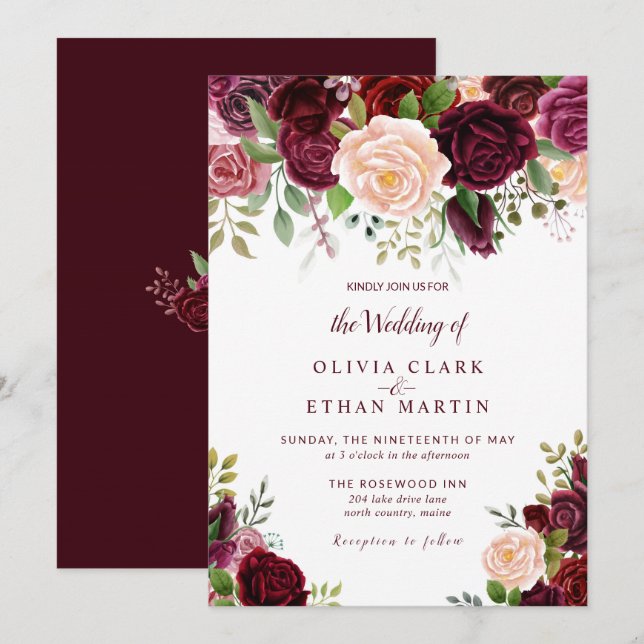 Vintages Burgund Wasserfarbenfloral Einladung (Vorne/Hinten)