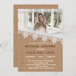 Vintages Burlap Lace Foto Brautparty Einladung