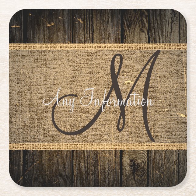 Vintages Burlap Rustic Wood Look Monogramm Rechteckiger Pappuntersetzer (Vorderseite)