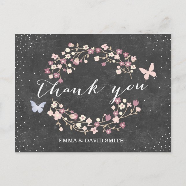 Vintages Butterfly- Chalkboard und Blume Vielen Da Postkarte (Vorderseite)