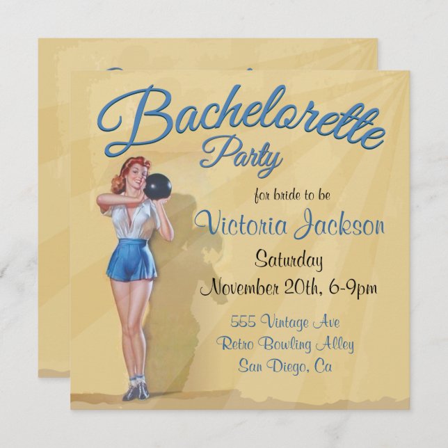 Vintages Button Bowling Junggeselinnen-Abschied Einladung (Vorne/Hinten)