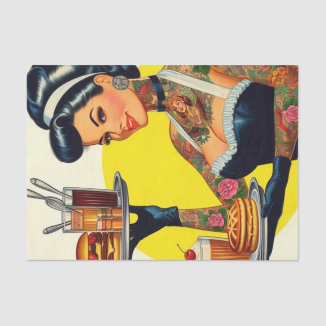 Vintages Button der Kellnerin Seidenpapier (Vorderseite)