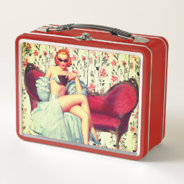 Vintages Button mit Retro-Rot Metall Brotdose