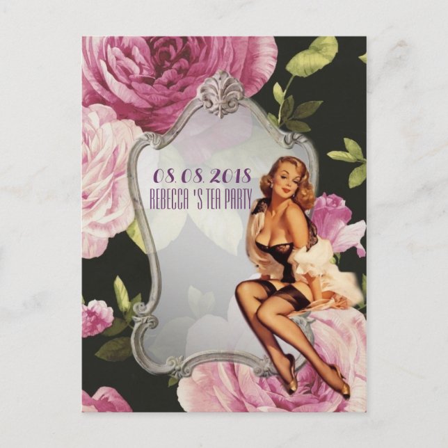 Vintages Button Up Girl Hausfrau Retro Brautparty Einladungspostkarte (Vorderseite)