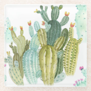 Vintages Cacti blühendes Wasserfarbmuster Glasuntersetzer