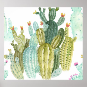 Vintages Cacti blühendes Wasserfarbmuster Poster