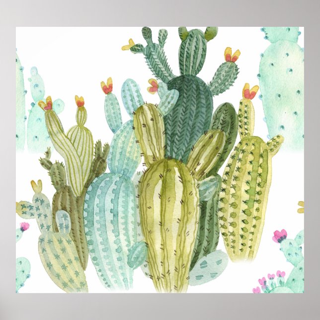 Vintages Cacti blühendes Wasserfarbmuster Poster (Vorne)