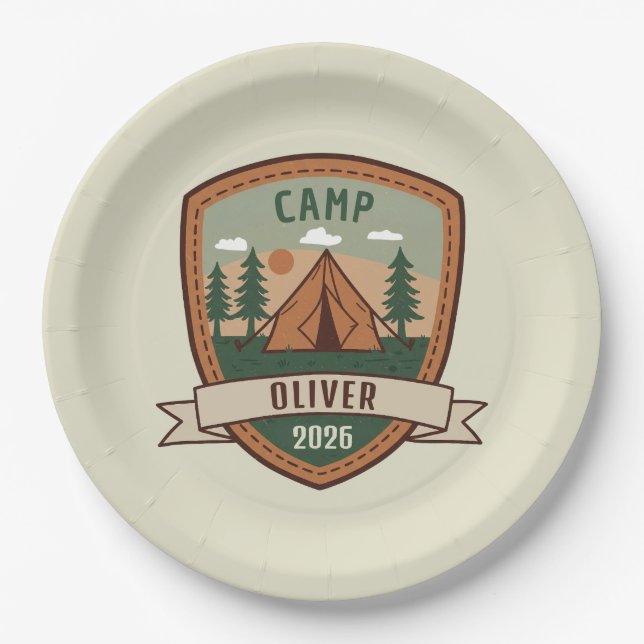 Vintages Camping Abzeichen Personalisiert Pappteller (Vorderseite)