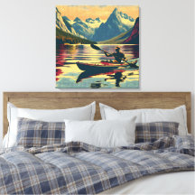 Vintages Camping Scene Man Kayaking