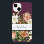 Vintages Cassis Pink in White Floral Stilvolle Blu Case-Mate iPhone 14 Hülle<br><div class="desc">Elegante,  Vintage,  wilde Rose,  rot-rosa antike Rose und Rosa mit bordeauxfarbenen Pfannkuchen umgeben ein weißes Textfeld,  das Ihren Namen in Kalligrafie mit Schnörkeln über einen lila Hintergrund von Cassis umrahmt. Grafisches Design von Audrey Jeanne Roberts,  international bekannter Künstler und Designer,  Copyright.</div>