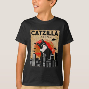Vintages Catzilla T-Shirt - Funny Tuxedo Cat and K