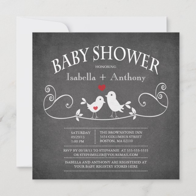 Vintages Chalkboard Love Birds Baby Dusche Einladung (Vorderseite)