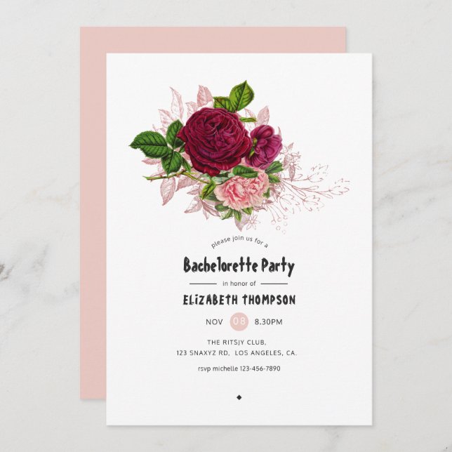 Vintages Chic Burgund und rosa Junggeselinnen-Absc Einladung (Vorne/Hinten)