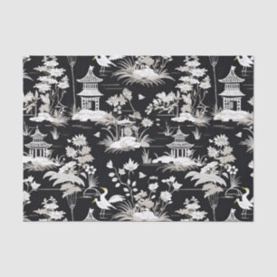 Vintages Chinoiserie Asian Pagoda Bird Schwarz-wei Seidenpapier