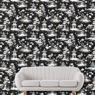 Vintages Chinoiserie Asian Pagoda Bird Schwarz-wei Tapete