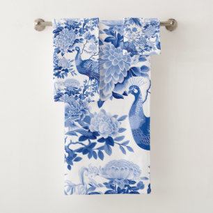 Vintages Chinoiserie Blaues Meer Badhandtuch Set