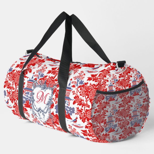 Vintages Chinoiserie Delft Französisch Rotes Blau  Duffle Bag (Rechte Ecke)